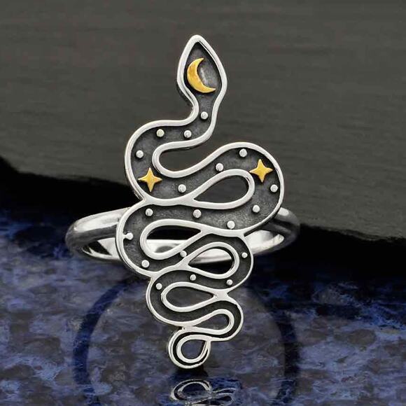 Artisan Celestial Sterling Silver Snake Ring with Bronze Star and Moon - Picture 1 of 4